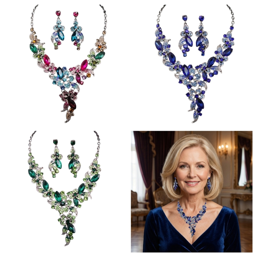 Earrings & Necklace Set Sapphire Blue Rhinestone Floral - Picture 11 of 13